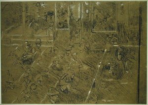 The Old Middlesex」の観客の習作 c.1906-07（茶色の紙に茶色と白のクレヨン、ペン、黒インク）。 作： Walter Richard Sickert