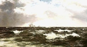 海中に浮かぶ船のある海景 作： Walter Shaw