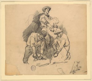 羊の毛刈りをする 3 人の男性 作： Walter Shirlaw