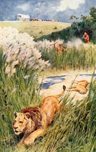 党のBoersは大胆にライオンと雌ライオンに取り組みました 作： Walter Stanley Paget