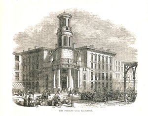 1849年にプリンスアルバートによって開かれた現在の石炭取引所、1878年のテムズ通り 作： Walter Thornbury