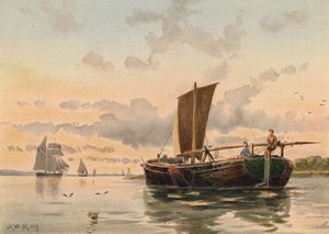 メドウェイ川を下るはしけ（カラーリトグラフ） 作： Walter William May