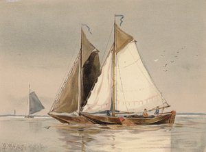 スヘルデ川のオランダ・ボトラーズ（カラーリトグラフ） 作： Walter William May