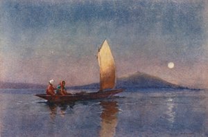 ニュージーランド：ロトルア湖の夕べ（カラーリトグラフ） 作： Walter Wright