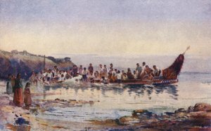 ニュージーランド戦争カヌーの帰還（カラーリトグラフ） 作： Walter Wright