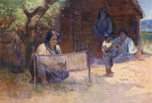 ニュージーランドカイタカを織る（カラーリトグラフ） 作： Walter Wright