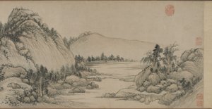 1672年、清朝時代の黄公王後の府春山地の住居（紙にインクと色） 作： Wang Hui