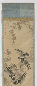 カササギ、ザクロ、ハイビスカス カササギ、ザクロ、ハイビスカスの巻物 作： Wang Ying
