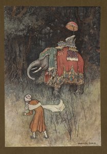 プレート 8: 「突然、象が道を横切って華麗にカパリソン化された」、ベンガルの民話より ... ワーウィック ゴーブルによるカラーの 32 のイラスト付き (デラックス版)