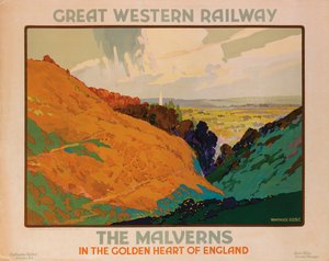 「TheMalverns」、グレートウエスタン鉄道を宣伝するポスター 作： Warwick Goble