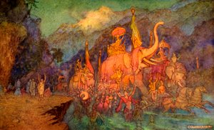 戦場で殺された英雄たちの帰還」、1913年。 作： Warwick Goble