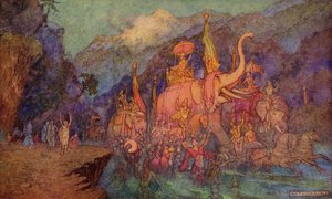 1913年に出版されたドナルドA.マッケンジーの「インドの神話と伝説」からのイラスト、18日間の戦いで殺された英雄の帰還 作： Warwick Goble