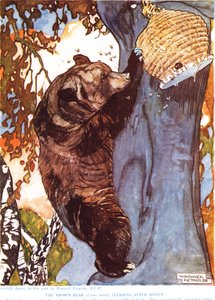 ヒグマの後に登るヒグマ（Ursus arctos）、「新しい自然史」のイラスト、ジョンアーサートンプソン（1861-1933）、GPパトナムの息子、1920年代発行 作： Warwick Reynolds
