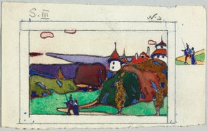 中世の衣装を着たカップルのいる風景、裏面: 甲冑を着た騎士の断片 作： Wassily Kandinsky