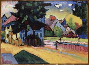 「グリーン ハウスの風景」ヴァシリー カンディンスキー (またはワシリー カンディンスキーまたはカンディンスキー) の絵画 作： Wassily Kandinsky