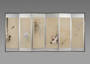 屏風のペア：12か月の花、1900年頃（紙にインクと色） 作： Watanabe Seitei