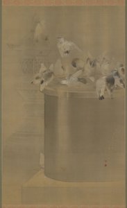戦場寺の鳩（浅草観音寺）明治1877年（絹に墨と色） 作： Watanabe Seitei