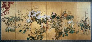 秋冬花卉図屏風 18世紀初頭 作： Watanabe Shiko