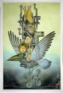 綱渡りの機械仕掛けの鳥の上でバランスをとる少女（紙に鉛筆、カラークレヨン） 作： ウェイン・アンダーソン
