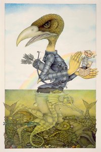 海馬に乗った鎧の鳥（紙に鉛筆とカラークレヨン）（150071のペア） 作： ウェイン・アンダーソン