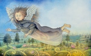 風景の上を飛ぶ妖精 （紙に鉛筆、カラークレヨン） 作： ウェイン・アンダーソン