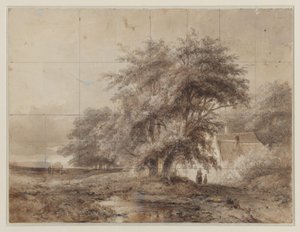 右側の木の下に農場があり、その前に女性と子供がいる風景 作： Weissenbruch (workshop of)
