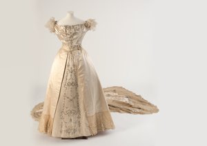 Cream silk embroidered court dress and train by