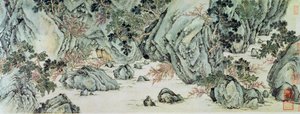 Wang Weiによる「Tao Yuan Bi Jing」という題名の詩からの「The Peach Blossom Spring」の「不滅の土地」詳細への旅 作： Wen Zhengming