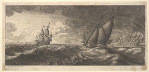 嵐の中のヨットと3隻の軍艦、1665年。