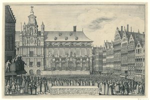 1648年、アントワープでのミュンスター和平宣言 Eygentlycke Pictorial den Peys の発行方法、syne Mayesteyt den Coninck van Spagnien と Heeren States General van de Vereenich[de] Nederlanden の間