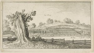 前景に木の切り株があるオルベリー 作： Wenceslaus Hollar