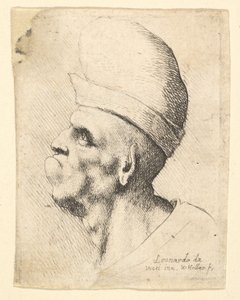 左側のプロファイルに球根の帽子を被った変形した男の胸像、1625-77。 作： Wenceslaus Hollar
