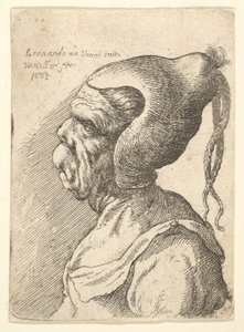 1665年、左側に円錐形の帽子と垂れ下がった2つのひだを持つ、変形した女性の胸像。 作： Wenceslaus Hollar