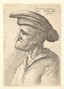 1665年に横顔でワイドフラットキャップを着用した、下唇に出会う鼻を持つ老人の胸像。 作： Wenceslaus Hollar