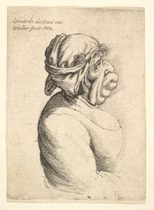 ローカットのドレスと頭に巻かれた布を身に着けた、口が突き出ている女性の胸像、1660年。