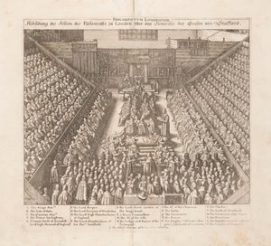 1642年頃のスタッフォード伯爵の判決のロンドン議会の描写。 作： Wenceslaus Hollar