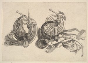 5つの狩猟用ホーン、1625-77。 作： Wenceslaus Hollar