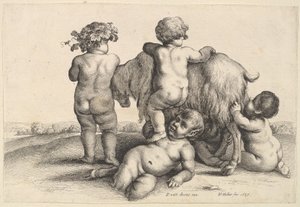 4人の男の子、若いサテュロスとヤギ、1647年。 作： Wenceslaus Hollar