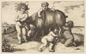 17世紀の4人の少年、若いサテュロス、そして山羊のコピー。 作： Wenceslaus Hollar
