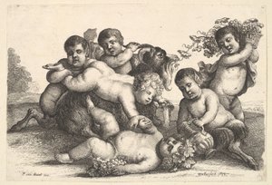 4人の男の子、2人のサテュロスと山羊、1654年。 作： Wenceslaus Hollar
