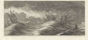 海の嵐の中のガレー船と他の船 海流（シリーズタイトル） 作： Wenceslaus Hollar