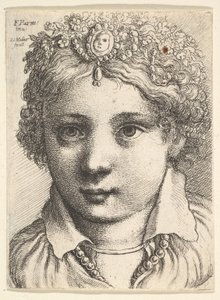 宝石で飾られた頭飾りを身に着けている若い女の子の頭、ca。 1645年。 作： Wenceslaus Hollar