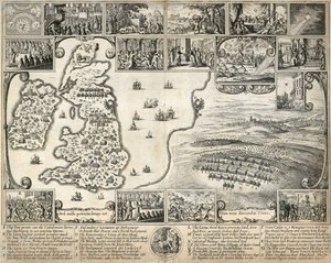 イギリス諸島の地図と 17 世紀の歴史的出来事のイラスト、c1659 作： Wenceslaus Hollar