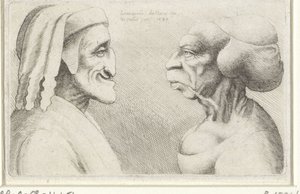 帽子をかぶった男（ダンテ？）と女のデフォルメ似顔絵 Varie figurae et probae (シリーズタイトル) レオナルド ダ ヴィンチ (シリーズ タイトル) の似顔絵、頭部、奇形 作： Wenceslaus Hollar