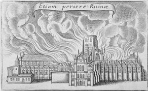 1666年のロンドン大火で燃えた旧セントポール大聖堂 作： Wenceslaus Hollar