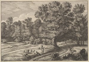 森の中の羊飼いたち、1648-50年。 作： Wenceslaus Hollar