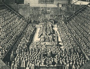 1641年にウェストミンスター・ホールで行われたストラフォード伯爵の裁判」、1947年。 作： Wenceslaus Hollar