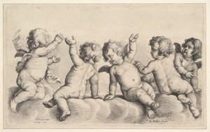 雲の上の3人の天使と2人の少年、1620〜77年。 作： Wenceslaus Hollar