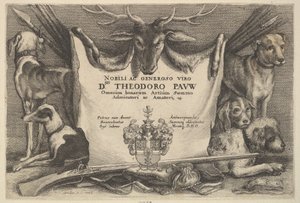 猟犬と狩猟用具が描かれたタイトルページ（1646年）。 作： Wenceslaus Hollar