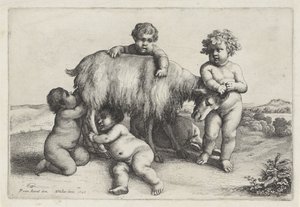 4 人の少年、サテュロス、右に立つヤギ プッティとサテュロス（シリーズ名） 作： Wenceslaus Hollar